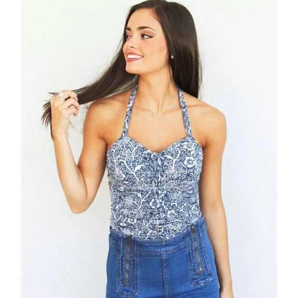 Free People Hula Blue & White Floral Halter Top - Picture 1 of 7